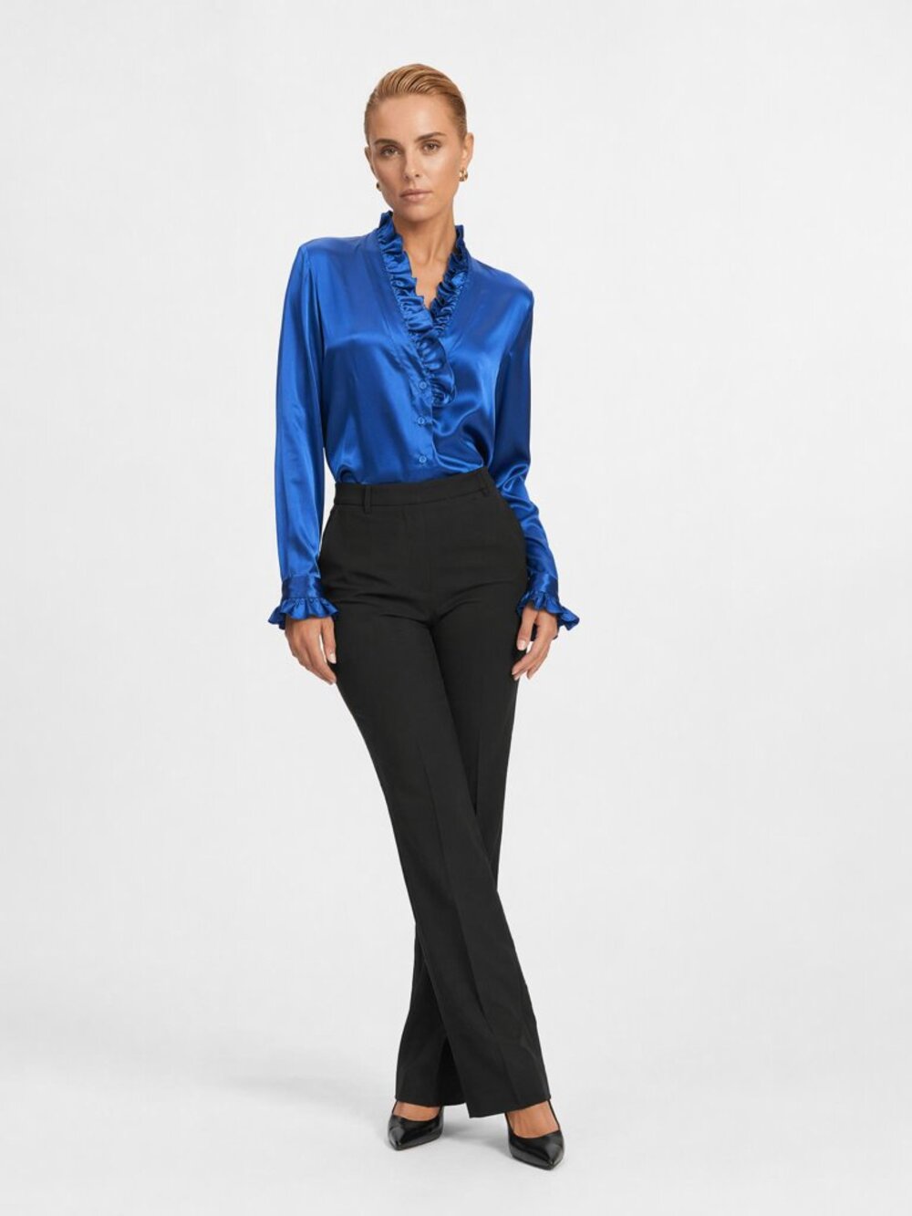 Barrie Pace Blue Silk Satin Blouse with Ruffles at neckline and Cuffs 18